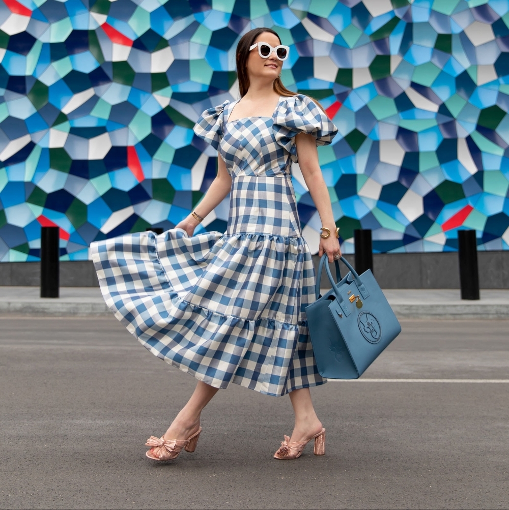 Hunter Bell Cassidy Blue and White Gingham Midi Dress Size 2 - Picture 3 of 9